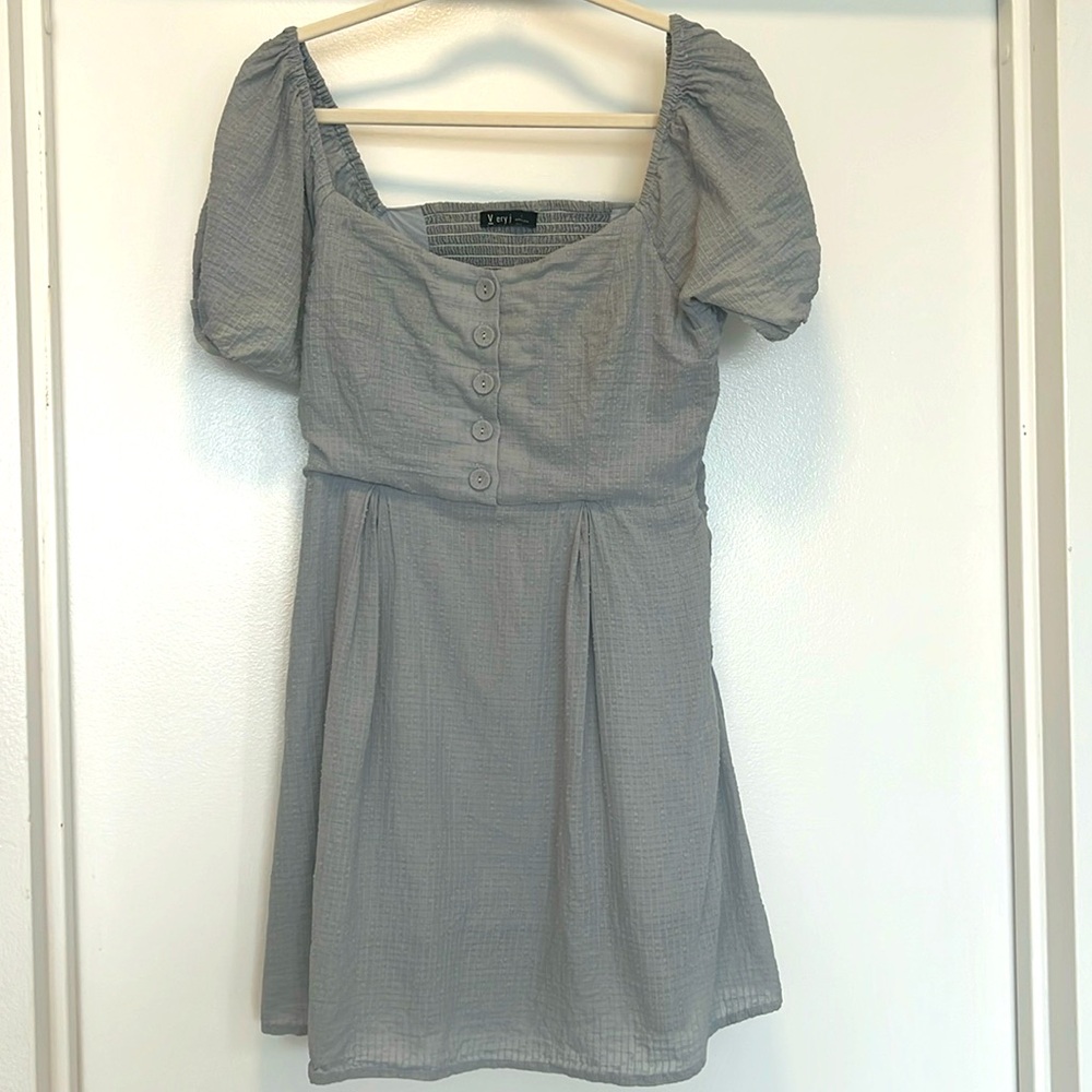 Mini dress blue with button front and puff sleeves